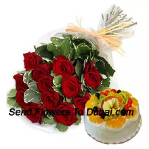 <b>Product Description</b><br><br>Bunch Of 12 Red Roses With Seasonal Fillers Along With 1 Lb. (1/2 Kg Fruit Cake)<br><br><b>Delivery Information</b><br><br>* The design and packaging of the product can always vary and is subject to the availability of flowers and other products available at the time of delivery.<br><br>* The "Time selected is treated as a preference/request and is not a fixed time for delivery". We only guarantee delivery on a "Specified Date" and not within a specified "Time Frame".