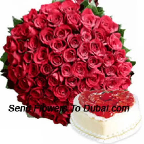 <b>Product Description</b><br><br>Bunch Of 100 Red Roses With Seasonal Fillers Along With 1 Kg Heart Shaped Vanilla Cake<br><br><b>Delivery Information</b><br><br>* The design and packaging of the product can always vary and is subject to the availability of flowers and other products available at the time of delivery.<br><br>* The "Time selected is treated as a preference/request and is not a fixed time for delivery". We only guarantee delivery on a "Specified Date" and not within a specified "Time Frame".