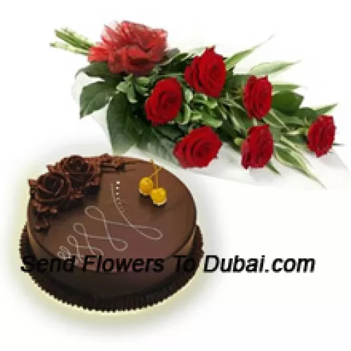 A Beautiful Hand Bunch Of 6 Red Roses Along With 1 Lb. (1/2 Kg) Chocolate Cake