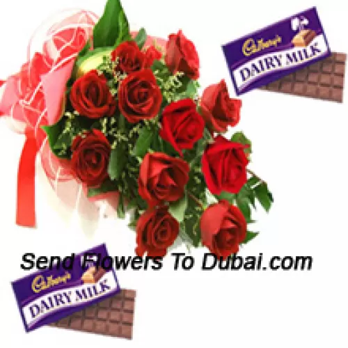 <b>Product Description</b><br><br>Bunch Of 12 Red Roses With Seasonal Fillers Along With Assorted Cadbury Chocolates<br><br><b>Delivery Information</b><br><br>* The design and packaging of the product can always vary and is subject to the availability of flowers and other products available at the time of delivery.<br><br>* The "Time selected is treated as a preference/request and is not a fixed time for delivery". We only guarantee delivery on a "Specified Date" and not within a specified "Time Frame".