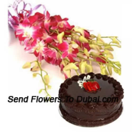 <b>Product Description</b><br><br>Bunch Of Pink Orchids With Seasonal Fillers Along With 1 Lb. (1/2 Kg) Chocolate Truffle Cake<br><br><b>Delivery Information</b><br><br>* The design and packaging of the product can always vary and is subject to the availability of flowers and other products available at the time of delivery.<br><br>* The "Time selected is treated as a preference/request and is not a fixed time for delivery". We only guarantee delivery on a "Specified Date" and not within a specified "Time Frame".
