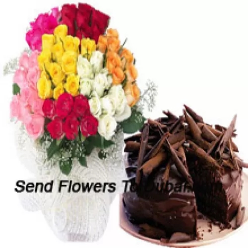<b>Product Description</b><br><br>Bunch Of 15, Orange, 15 White, 15 Yellow, 15 Red, 15 Light Pink And 15 Dark Pink Roses With Seasonal Fillers Accompanied With A 1 Kg Chocolate Cake<br><br><b>Delivery Information</b><br><br>* The design and packaging of the product can always vary and is subject to the availability of flowers and other products available at the time of delivery.<br><br>* The "Time selected is treated as a preference/request and is not a fixed time for delivery". We only guarantee delivery on a "Specified Date" and not within a specified "Time Frame".