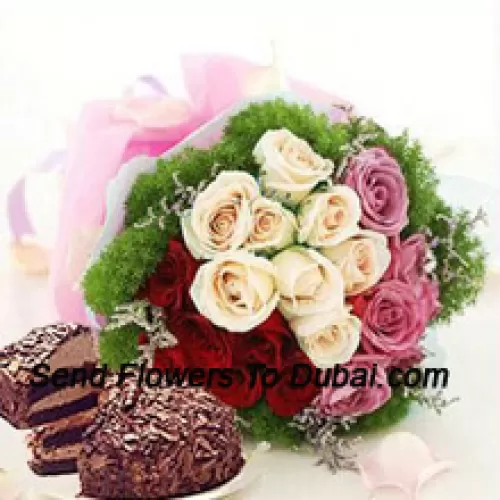 <b>Product Description</b><br><br>Bunch Of 8 Pink, 8 White And 8 Red Roses With Seasonal Fillers Accompanied With A 1 Lb. (1/2 Kg) Black Forest Cake<br><br><b>Delivery Information</b><br><br>* The design and packaging of the product can always vary and is subject to the availability of flowers and other products available at the time of delivery.<br><br>* The "Time selected is treated as a preference/request and is not a fixed time for delivery". We only guarantee delivery on a "Specified Date" and not within a specified "Time Frame".