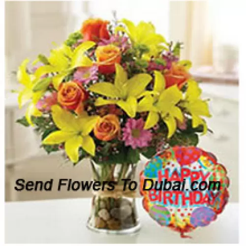 <b>Product Description</b><br><br>Yellow Tulips, Orange Roses And Other Assorted Flowers Arranged Perfectly In A Glass Vase Accompanied With A Birthday Balloon<br><br><b>Delivery Information</b><br><br>* The design and packaging of the product can always vary and is subject to the availability of flowers and other products available at the time of delivery.<br><br>* The "Time selected is treated as a preference/request and is not a fixed time for delivery". We only guarantee delivery on a "Specified Date" and not within a specified "Time Frame".