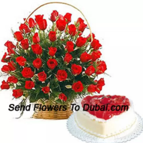 <b>Product Description</b><br><br>A Beautiful Basket Of 50 Red Roses With Seasonal Fillers And A 1 Kg Heart Shaped Vanilla Cake<br><br><b>Delivery Information</b><br><br>* The design and packaging of the product can always vary and is subject to the availability of flowers and other products available at the time of delivery.<br><br>* The "Time selected is treated as a preference/request and is not a fixed time for delivery". We only guarantee delivery on a "Specified Date" and not within a specified "Time Frame".