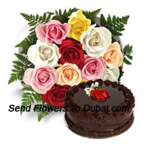 <b>Product Description</b><br><br>Bunch Of 12 Mixed Roses With Seasonal Fillers Along With 1 Lb. (1/2 Kg) Chocolate Truffle Cake<br><br><b>Delivery Information</b><br><br>* The design and packaging of the product can always vary and is subject to the availability of flowers and other products available at the time of delivery.<br><br>* The "Time selected is treated as a preference/request and is not a fixed time for delivery". We only guarantee delivery on a "Specified Date" and not within a specified "Time Frame".