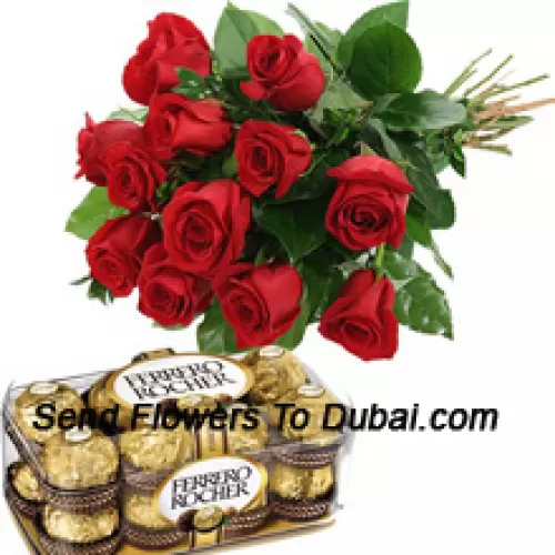 <b>Product Description</b><br><br>Bunch Of 12 Red Roses With Seasonal Fillers Accompanied With A Box Of 16 Pcs Ferrero Rochers<br><br><b>Delivery Information</b><br><br>* The design and packaging of the product can always vary and is subject to the availability of flowers and other products available at the time of delivery.<br><br>* The "Time selected is treated as a preference/request and is not a fixed time for delivery". We only guarantee delivery on a "Specified Date" and not within a specified "Time Frame".