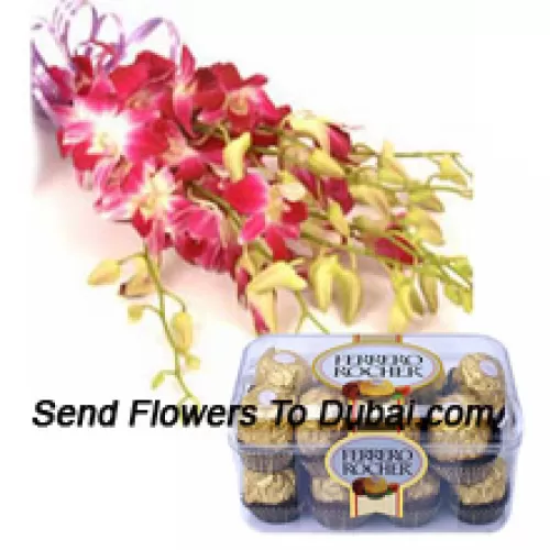<b>Product Description</b><br><br>Bunch Of Pink Orchids With Seasonal Fillers Along With 16 Pcs Ferrero Rochers<br><br><b>Delivery Information</b><br><br>* The design and packaging of the product can always vary and is subject to the availability of flowers and other products available at the time of delivery.<br><br>* The "Time selected is treated as a preference/request and is not a fixed time for delivery". We only guarantee delivery on a "Specified Date" and not within a specified "Time Frame".