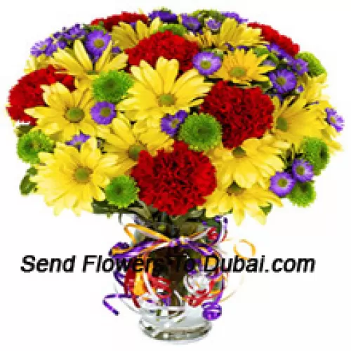 <b>Product Description</b><br><br>Red Carnations And Yellow Gerberas Beautifully Arranged In A Vase -- 24 Stems And Fillers<br><br><b>Delivery Information</b><br><br>* The design and packaging of the product can always vary and is subject to the availability of flowers and other products available at the time of delivery.<br><br>* The "Time selected is treated as a preference/request and is not a fixed time for delivery". We only guarantee delivery on a "Specified Date" and not within a specified "Time Frame".
