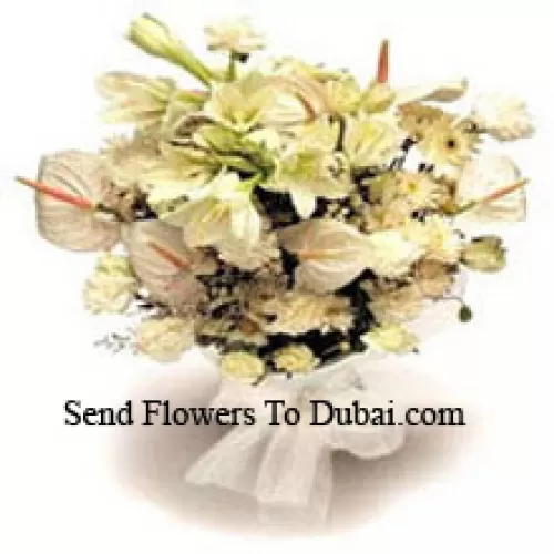 <b>Product Description</b><br><br>Bunch Of White Lilies, White Anthuriums, White Carnations And White Roses With Seasonal Fillers<br><br><b>Delivery Information</b><br><br>* The design and packaging of the product can always vary and is subject to the availability of flowers and other products available at the time of delivery.<br><br>* The "Time selected is treated as a preference/request and is not a fixed time for delivery". We only guarantee delivery on a "Specified Date" and not within a specified "Time Frame".