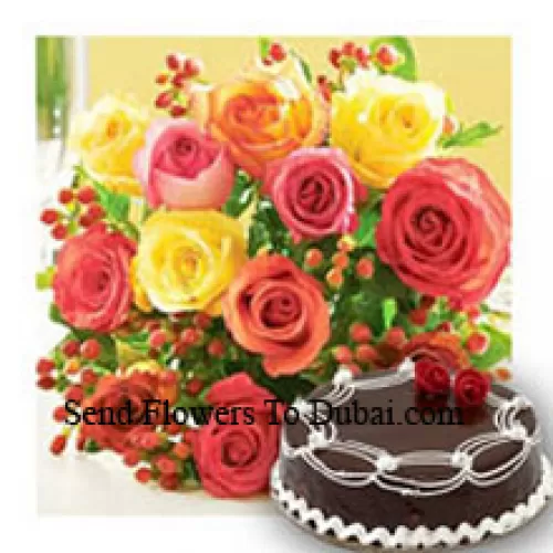 <b>Product Description</b><br><br>Bunch Of 12 Mixed Colored Roses With Seasonal Fillers and 1/2 Kg (1.1 Lbs) Chocolate Truffle Cake<br><br><b>Delivery Information</b><br><br>* The design and packaging of the product can always vary and is subject to the availability of flowers and other products available at the time of delivery.<br><br>* The "Time selected is treated as a preference/request and is not a fixed time for delivery". We only guarantee delivery on a "Specified Date" and not within a specified "Time Frame".