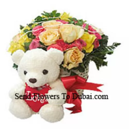 <b>Product Description</b><br><br>Basket Of 24 Mixed Colored Roses With A Medium Sized Cute Teddy Bear<br><br><b>Delivery Information</b><br><br>* The design and packaging of the product can always vary and is subject to the availability of flowers and other products available at the time of delivery.<br><br>* The "Time selected is treated as a preference/request and is not a fixed time for delivery". We only guarantee delivery on a "Specified Date" and not within a specified "Time Frame".
