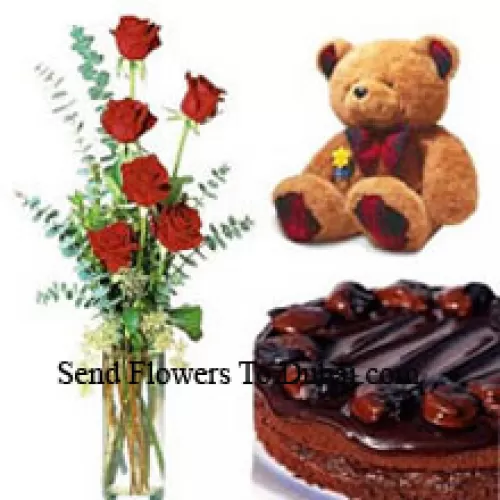 <b>Product Description</b><br><br>6 Red Roses In A Vase With 1/2 Kg (1.1 Lbs) Chocolate Cake and a Medium Sized Cute Teddy Bear<br><br><b>Delivery Information</b><br><br>* The design and packaging of the product can always vary and is subject to the availability of flowers and other products available at the time of delivery.<br><br>* The "Time selected is treated as a preference/request and is not a fixed time for delivery". We only guarantee delivery on a "Specified Date" and not within a specified "Time Frame".