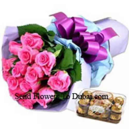 Bouquet de 12 Roses Roses Roses Roses Roses avec 16 Pcs Ferrero Rocher