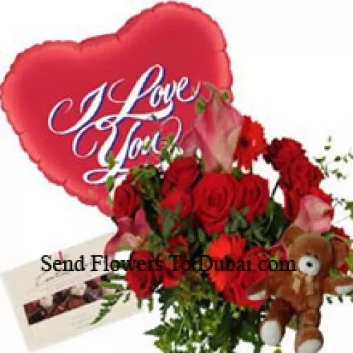 <b>Product Description</b><br><br>Bunch Of Red Gerberas And Red Roses, I Love Your Balloon, Cute Teddy Bear And A Box Of Chocolate<br><br><b>Delivery Information</b><br><br>* The design and packaging of the product can always vary and is subject to the availability of flowers and other products available at the time of delivery.<br><br>* The "Time selected is treated as a preference/request and is not a fixed time for delivery". We only guarantee delivery on a "Specified Date" and not within a specified "Time Frame".