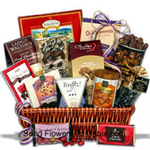 <b>Product Description</b><br><br>This gift basket arrives gorgeously packaged and piled high with the most delicious, award-winning chocolates you’ve ever tasted. Inside they'll find chocolate truffles, dark chocolate covered raisins, chocolate covered cherries, chocolate shortbread cookies, chocolate pecan crunch, a dark chocolate signature bar, chocolate dipped Bavarian pretzels, chocolate wafer squares, chocolate crunch shortbread cookies, dark chocolate butter wafers, chocolate almond butter crunch, chocolate covered toffee peanuts, and raspberry dark chocolate sticks. (Please Note That We Reserve The Right To Substitute Any Product With A Suitable Product Of Equal Value In Case Of Non-Availability Of A Certain Product)<br><br><b>Delivery Information</b><br><br>* The design and packaging of the product can always vary and is subject to the availability of flowers and other products available at the time of delivery.<br><br>* The "Time selected is treated as a preference/request and is not a fixed time for delivery". We only guarantee delivery on a "Specified Date" and not within a specified "Time Frame".