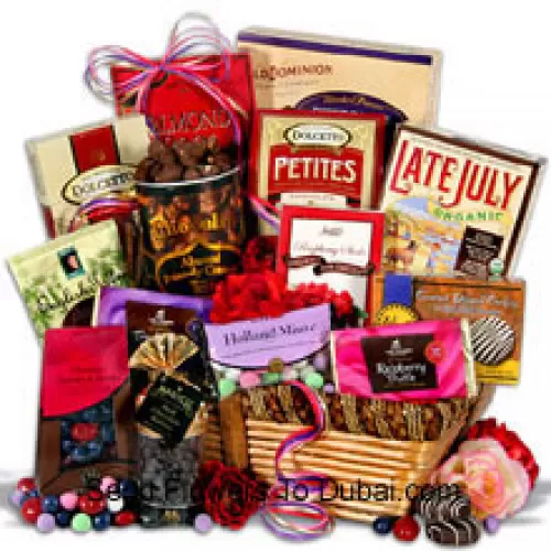 <b>Product Description</b><br><br>Valentine Gift Basket Having Chocolate Wafer Petites, Chocolate Almond Pecan-dy, English Toffee Singles, Gourmet Dark Chocolate Dipped Cookies, Chocolate Covered Cherries and Blueberries, Dark Chocolate Raspberry Truffle Filled Bar, Holland Mints, Organic Dark Chocolate Sandwich Cookies, Dark Chocolate Covered Raisins, Chocolate Dipped Toffee Peanuts, Chocolate Wafer Rolls, Triple Nut Milk Chocolate Bar, Almond Roca Buttercrunch, Dark Chocolate Raspberry Sticks  (Please Note That We Reserve The Right To Substitute Any Product With A Suitable Product Of Equal Value In Case Of Non-Availability Of A Certain Product)<br><br><b>Delivery Information</b><br><br>* The design and packaging of the product can always vary and is subject to the availability of flowers and other products available at the time of delivery.<br><br>* The "Time selected is treated as a preference/request and is not a fixed time for delivery". We only guarantee delivery on a "Specified Date" and not within a specified "Time Frame".