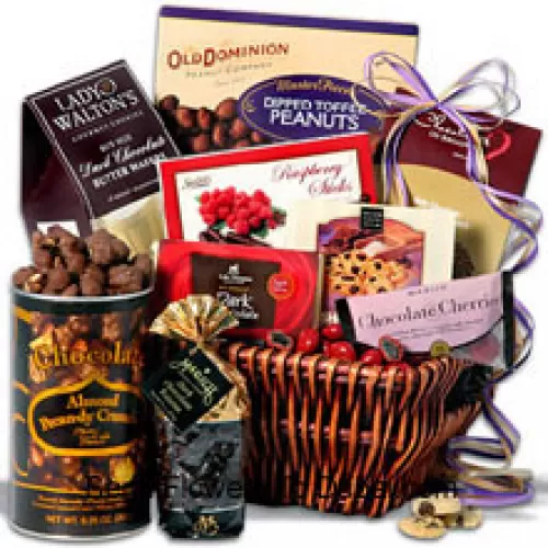 <b>Product Description</b><br><br>Valentine Gift Basket Having Chocolate Almond Pecan-dy Crunch, Dark Chocolate Signature Bar, Dark Rasp Sticks, Dipped Toffee Peanuts, Dark Chocolate Butter Wafers, Dark Chocolate Raisins, Chocolate Chunk Shortbread Cookies, Milk Chocolate Almond Butter Crunch And Chocolate Covered Cherries  (Please Note That We Reserve The Right To Substitute Any Product With A Suitable Product Of Equal Value In Case Of Non-Availability Of A Certain Product)<br><br><b>Delivery Information</b><br><br>* The design and packaging of the product can always vary and is subject to the availability of flowers and other products available at the time of delivery.<br><br>* The "Time selected is treated as a preference/request and is not a fixed time for delivery". We only guarantee delivery on a "Specified Date" and not within a specified "Time Frame".