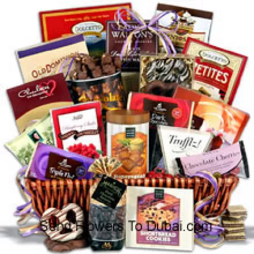 <b>Product Description</b><br><br>Valentine Gift Basket having fantasy truffles, triple chocolate bliss cookies, chocolate almond pecan crunch, chocolate covered cherries, a signature dark chocolate bar, raspberry dark chocolate sticks, chocolate covered toffee peanuts, chocolate dipped Bavarian pretzels, chocolate chunk shortbread cookies, chocolate almond butter crunch, chocolate wafer squares, chocolate shortbread cookies, chocolate truffles, dark chocolate covered raisins, English toffee, chocolate wafer roll, and a triple nut chocolate bar. Amazing selection and the finest quality make this best-selling chocolate gift basket a show stopper! (Please Note That We Reserve The Right To Substitute Any Product With A Suitable Product Of Equal Value In Case Of Non-Availability Of A Certain Product)<br><br><b>Delivery Information</b><br><br>* The design and packaging of the product can always vary and is subject to the availability of flowers and other products available at the time of delivery.<br><br>* The "Time selected is treated as a preference/request and is not a fixed time for delivery". We only guarantee delivery on a "Specified Date" and not within a specified "Time Frame".